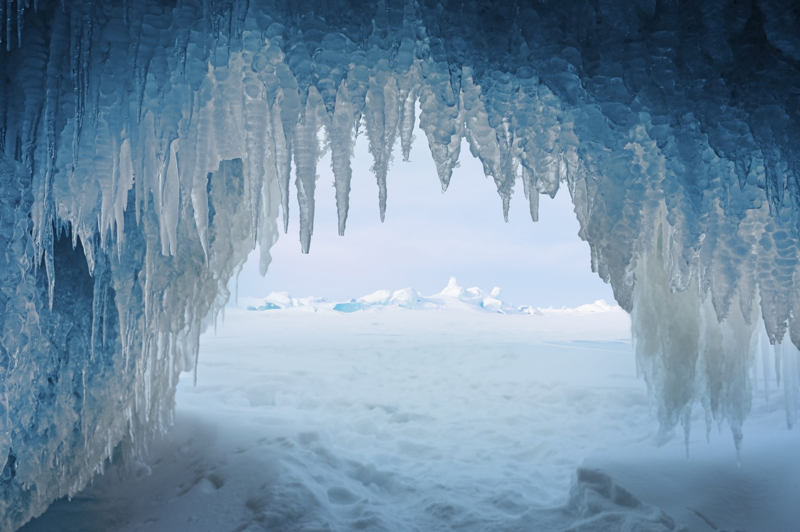 View from the grotto to the winter Baikal lake